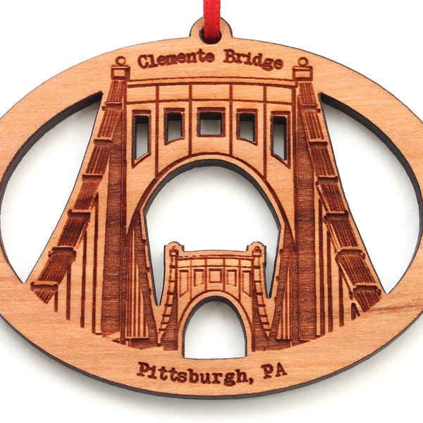 Roberto Clemente Bridge PA Engraved Oval Ornament - Detailed Sixth Street Bridge Pittsburgh Christmas Ornament - City Collection