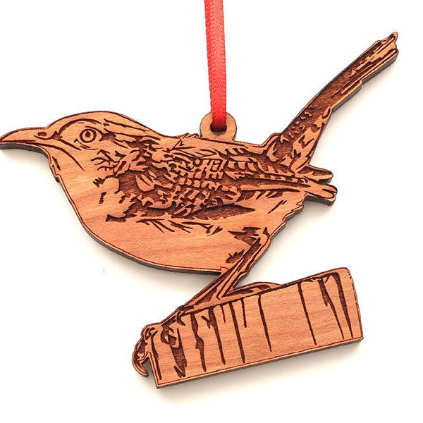 Carolina Wren Ornament - Realistic Wooden Carved Wren Christmas Ornament - Black Cherry Wood - Bird Collection