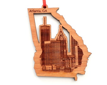 Atlanta Downtown in Georgia State Outline Ornament - Engraved Atlanta GA - Detailed City Skyline - City Collection - Black Cherry Wood
