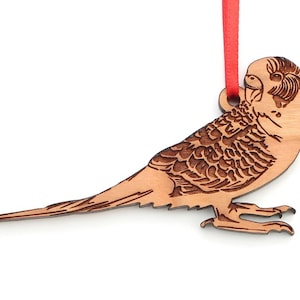 Budgie Parakeet Ornament - Realistic Wooden Carved Budgerigar Christmas Ornament - Black Cherry Wood - Bird Collection