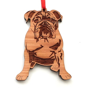 Bulldog Ornament - Engraved Black Cherry Wood Dog Christmas Ornament - Gone to the Dogs Collection