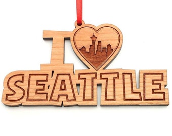 Seattle I Heart - Seattle, WA City Skyline Silhouette in Heart Shape Black Cherry Wood Christmas Ornament - I "Heart" My City Collection