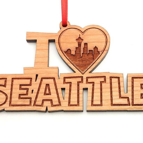 Seattle I Heart - Seattle, WA City Skyline Silhouette in Heart Shape Black Cherry Wood Christmas Ornament - I "Heart" My City Collection