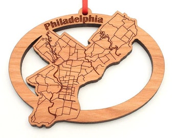 Philadelphia PA City Street Map Oval Ornament - Engraved Philadelphia Street Map Black Cherry Wood Ornament - City Collection