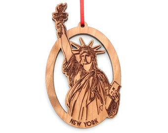 New York City Statue Of Liberty Oval Ornament - Finely Detailed Lady Liberty Engraved Black Cherry Wood Ornament - City Collection