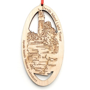 Devils Island Light Tower Oval Apostle Islands National Lakeshore WI Ornament - Wisconsin Lake Superior Wood Christmas Ornament - State Icon