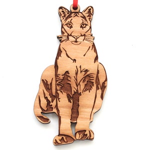 Mountain Lion Sitting Ornament - Cougar Puma Panther Catamount American Cat Black Cherry Wood Christmas Ornament- Critter Collection