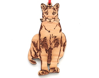 Mountain Lion Sitting Ornament - Cougar Puma Panther Catamount American Cat Black Cherry Wood Christmas Ornament- Critter Collection