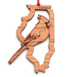 Adorno de pájaro del estado de Illinois - Esquema del estado de Illinois con adorno de madera cardenal