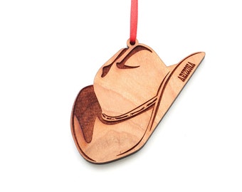 Cowboy Hat Arizona Ornament - Engraved Arizona Stetson Ten-Gallon Hat Black Cherry Wood Christmas Ornament - State Icons - Nestled Pines