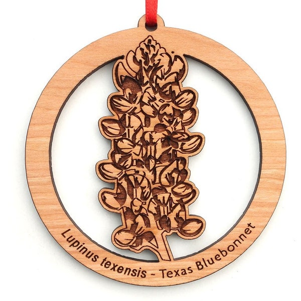 Texas Bluebonnet Flower Ornament - Lupinus Texensis Engraved Black Cherry Wood Christmas Ornament - Nestled Pines' Natural Beauty Collection