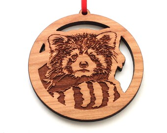 Red Panda Face Ornament - Lesser Panda  Engraved Black Cherry Wood Ornament - ANIMAL PORTRAITS -  A Nestled Pines Collection