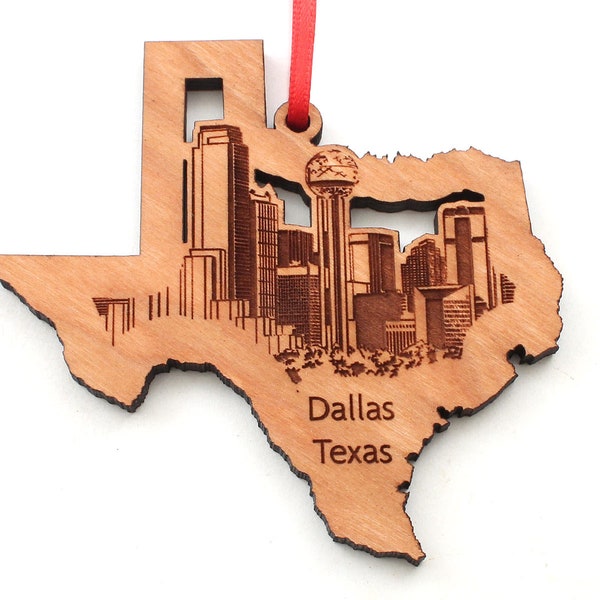 Dallas Skyline in Texas Outline Ornament - Dallas TX Reunion Tower Engraved Black Cherry Wood Christmas Ornament - City Ornament