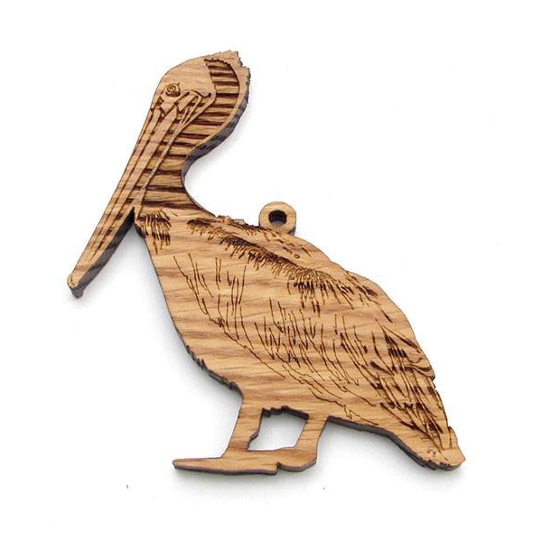 Pelican Ornament - Realistic Carved Wooden Pelican Christmas Ornament - Red Oak - Bird Collection