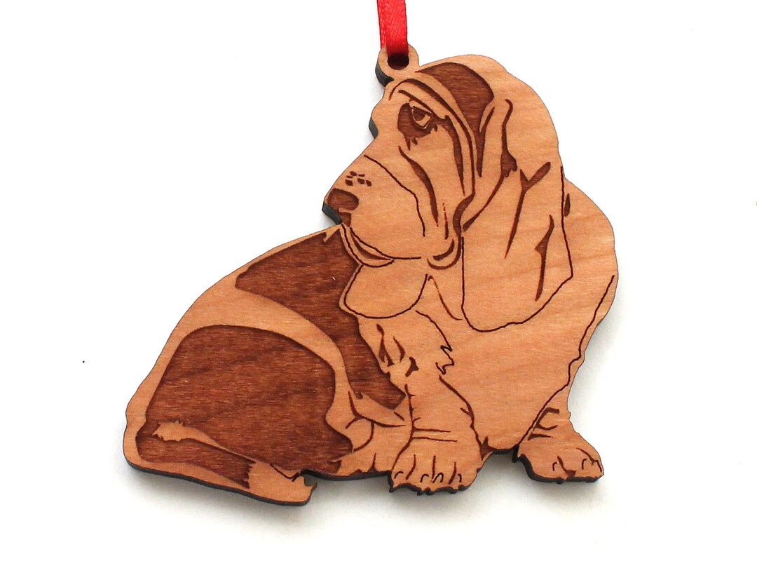 Basset Hound Sit Ornament Engraved Black Cherry Wood Dog