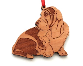 Basset Hound Sit Ornament - Engraved Black Cherry Wood Dog Christmas Ornament - Gone to the Dogs Collection