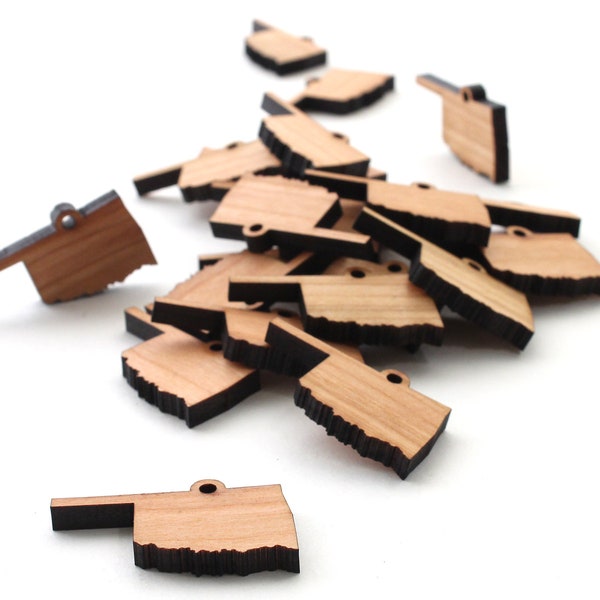 Oklahoma OK Mini Wood Charms - State Cutout Jewelry and Craft Accessory - USA Harvested Black Cherry Wood -