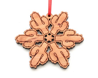 Saguaro Snowflake Ornament - Saguaro Cactus Snowflake Design Black Cherry Wood Christmas Ornament - State Icons - Nestled Pines Original