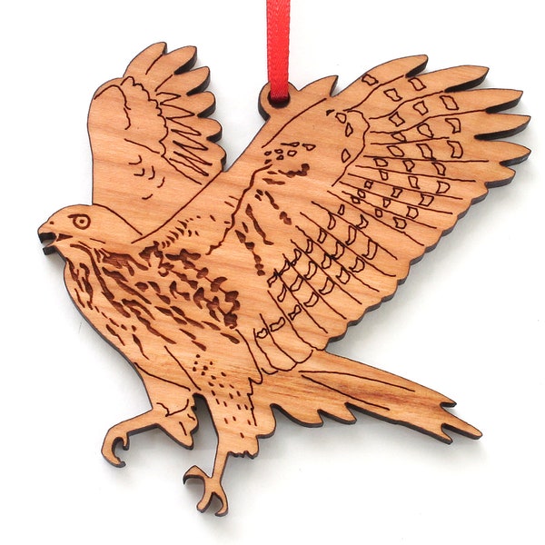 Red-tailed Hawk Ornament - Engraved Red-Tailed Hawk Flying Black Cherry Wood Christmas Ornament - - Bird Collection