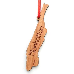 Manhattan NYC Borough Shape Ornament - Engraved NYC Borough - Black Cherry Wood Christmas Ornament - City Collection
