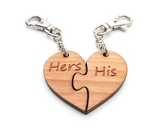His and Hers Heart Puzzle Key Chain - Wood Anniversary Gift 5 Year Customization Available crafted by Nestled Pines Wiorkshop