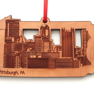 Pittsburgh PA City  Skyline State Ornament -  Engraved Pittsburgh, PA Downtown Black Cherry Wood - City Collection - Signature Skyline