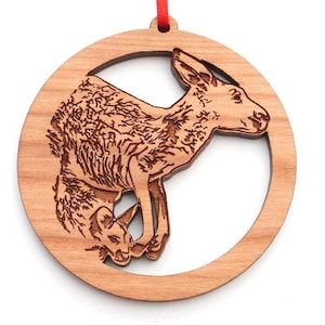 Kangaroo With Joey Circle Ornament - Adorable Baby Kangaroo With Mother Wood Ornament