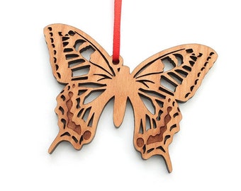 Zwaluwstaartvlinderornament - gedetailleerd zwaluwstaartuitsparing zwart kersenhouten ornament - insectencollectie - genesteld dennen origineel