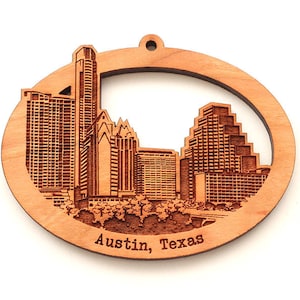 Austin Downtown Detailed City Skyline Oval Ornament - Engraved Austin Texas - City Collection - Black Cherry Wood Ornament