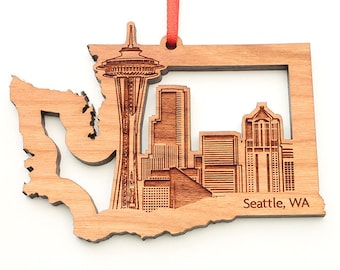 Seattle Skyline in Washington State Outline Ornament - Engraved Seattle WA Black Cherry Wood Christmas Ornament - City Collection