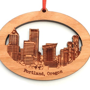 Portland OR City Skyline Oval Ornament - Engraved Portland, Oregon Detailed Skyline Black Cherry Wood Christmas Ornament - City Collection