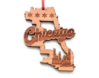 Chicago-Themen-Stadt-Umriss-Ornament - Chicago-Schrift-Downtown-Ikonen-Sterne-Stadt-Rand-Schwarz-Kirsch-Holz-Ornament - Stadt-Kollektion