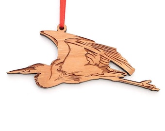 Great Blue Heron Ornament - Realistic Carved Heron in Flight Wooden Christmas Ornament - Black Cherry Wood - Bird Collection