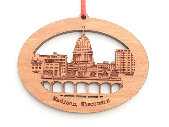 Madison WI Capitol and Monona Terrace Oval Ornament - Capital Skyline Monona Terrace Lake View - Black Cherry Wood - City Collection