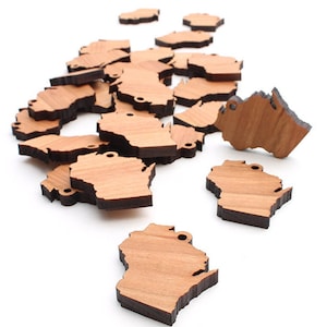 May include: A pile of wooden Wisconsin state-shaped ornaments. The ornaments are light brown with a dark brown outline.