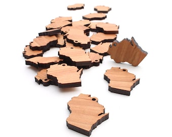 Wisconsin WI Mini Wood Charms - State Cutout Jewelry and Craft Accessory - USA Harvested Black Cherry Wood -