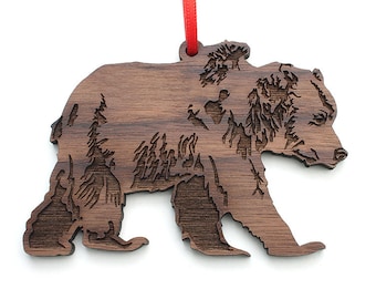 Grizzly Bear Ornament - North American Brown Bear Wood Christmas Ornament  - Black Walnut Wood - Critter Collection