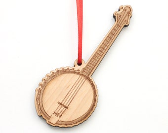 Banjo Cutout Christmas Ornament - Detailed Banjo Black Cherry Wood Christmas Ornament - Musical Instruments - Nestled Pines Original Design