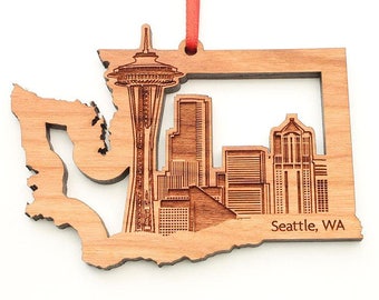 Washington State with Seattle Skyline Ornament made from Solid Black Cherry wood by Nestled Pines