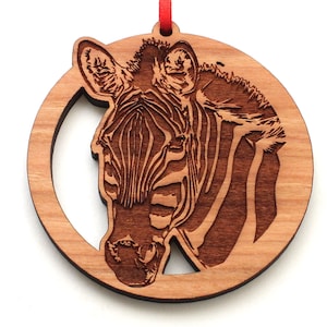 Zebra Face Ornament - African Horse Engraved Wood Christmas Ornament - ANIMAL PORTRAITS Collection - Nestled Pines Collections