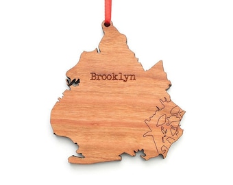 Brooklyn NYC Borough Shape Ornament - Brooklyn Engraved NYC Borough - Black Cherry Wood Christmas Ornament - City Collection