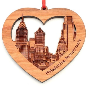 Philadelphia PA Skyline Heart Cutout Ornament - Engraved Philadelphia Pennsylvania Philly Downtown Black Cherry Ornament - City Collection