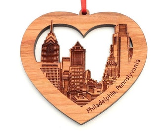 Philadelphia PA Skyline Heart Cutout Ornament - Engraved Philadelphia Pennsylvania Philly Downtown Black Cherry Ornament - City Collection