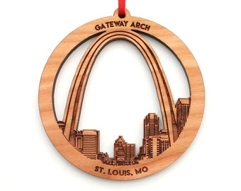 Saint Louis Missouri Skyline Arch Ornament - Engraved Gateway Arch St. Louis MO Detailed Skyline Black Cherry Ornament - City Collection