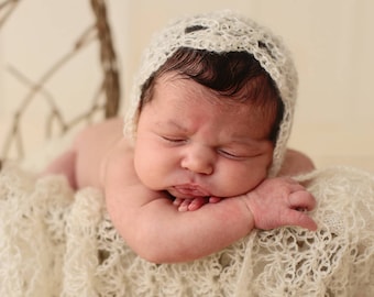 Crochet Mohair Newborn Photography Prop Blanket and Bonnet Set