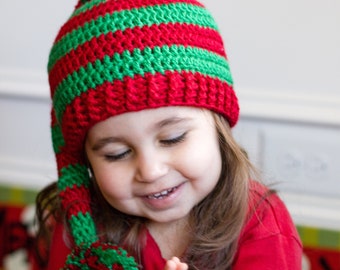 READY TO SHIP Crochet Red and Green Christmas Long Tail Stocking Santa's Elf Hat, Sizes Baby to Toddler