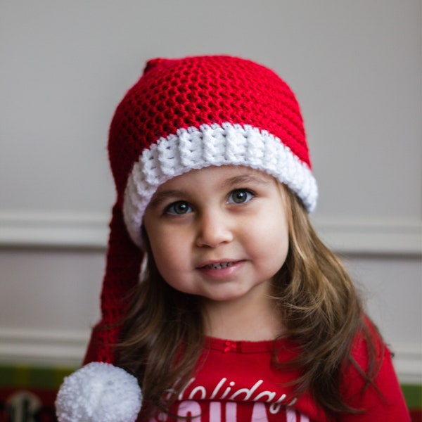 READY TO SHIP Crochet Long Tail Red Santa Hat, Sizes Baby to Child/Kid