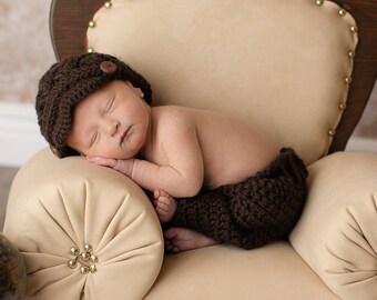 Crochet Baby Boy Photography Hat and Pants Set Outfit, Sizes Newborn to 6-12 months