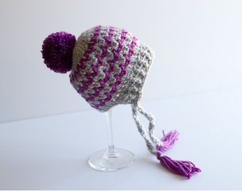Crochet Baby Hat, Pompom Hat, Zig Zag Hat, Vixen Hat, Bonnet Style Hat, Infant Hat, Newborn Hat, Baby Gift, Photography Prop