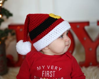 READY TO SHIP Crochet Red Belted Santa Hat, Sizes Newborn Baby to Toddler